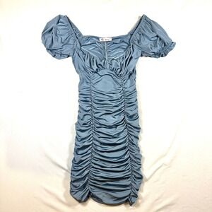 Blue Blush Los Angeles Ruched Bodycon Mini Dress Dusty Blue Puff Sleeve Small